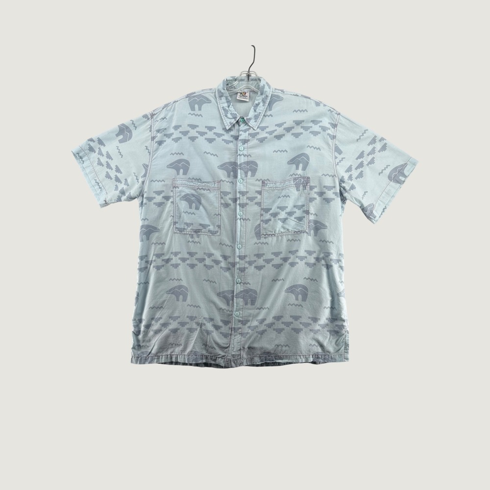 Rum Reggae Mens 1X Polar Bear Geometric Print Cotton Button Down Shirt Blue